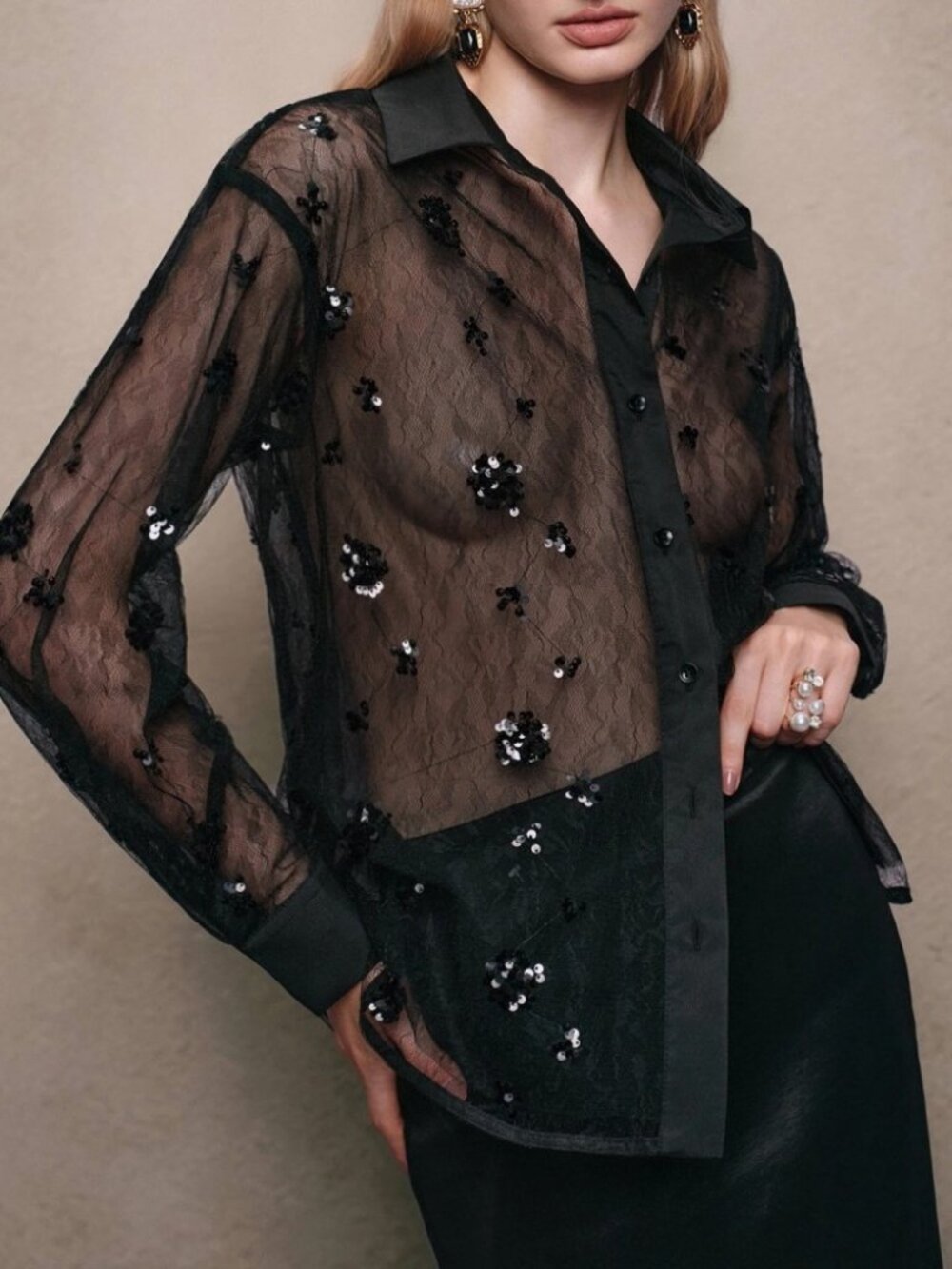 Black Ultra Sheer Mesh Sequin Floral Collared Long Sleeve Button Up Blouse